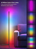 16 million colors RGB corner floor lamp with slim black pole and tripod base, showing rainbow, pink, cyan, and gradient color modes