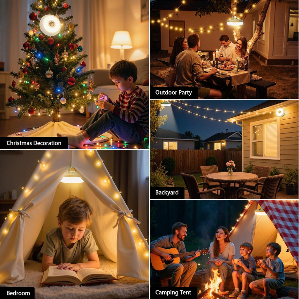 4-in-1 USB rechargeable LED reel string light used as garden decor lighting strung across outdoor wooden pergola warm white glow
