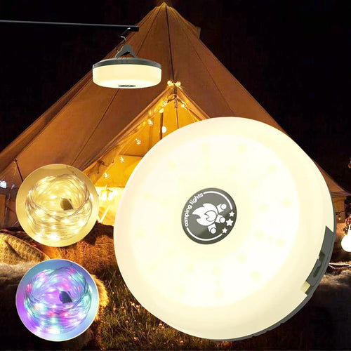 4-in-1 retractable LED camping string light compact reel design on white background showing USB charging port and hook
