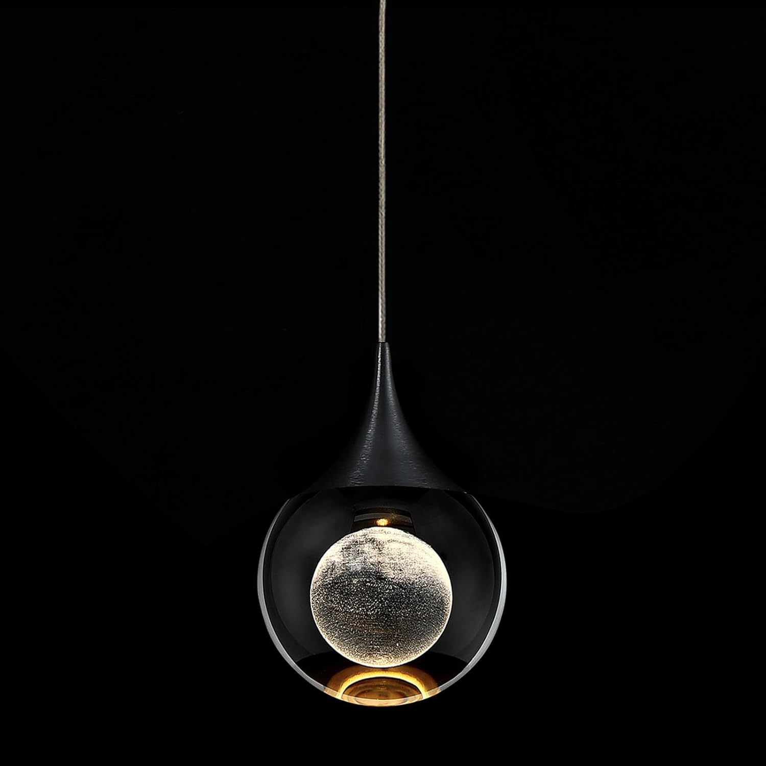 Moon Crystal Ball Pendant Light - Dimmable LED Pendant Lighting for Kitchen Island Adjustable Cord Silver/Black Finish