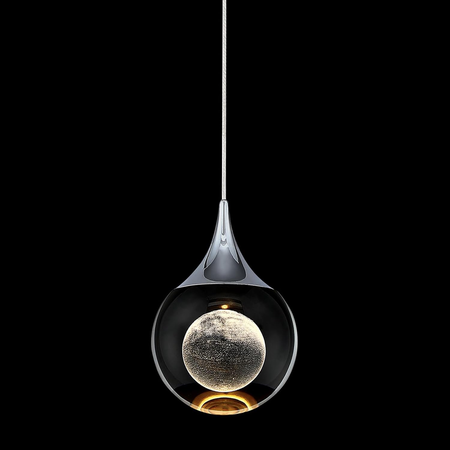 Moon Crystal Ball Pendant Light - Dimmable LED Pendant Lighting for Kitchen Island Adjustable Cord Silver/Black Finish