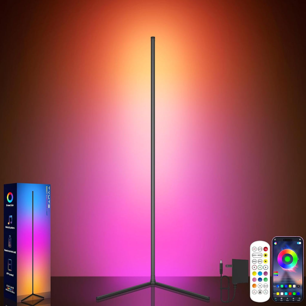 Close-up of COB LED light strip on a modern corner floor lamp showing even warm white glow diffusion
