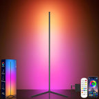 Close-up of COB LED light strip on a modern corner floor lamp showing even warm white glow diffusion
