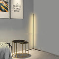 Dimmable LED corner floor lamp with slim silver pole standing in a modern living room corner next to a gray sofa
