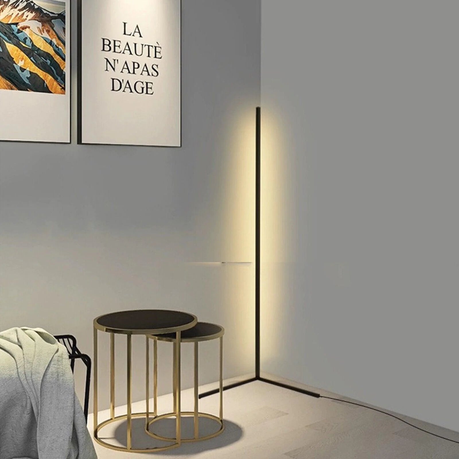 Dimmable LED corner floor lamp with slim silver pole standing in a modern living room corner next to a gray sofa
