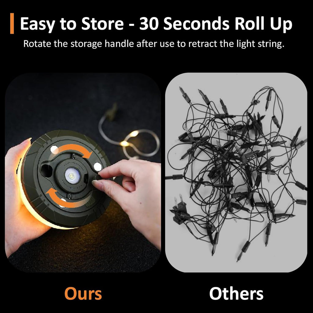 Hand demonstrating retractable reel mechanism of 4 in 1 camping LED string light showing compact pull-and-release system