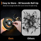Hand demonstrating retractable reel mechanism of 4 in 1 camping LED string light showing compact pull-and-release system