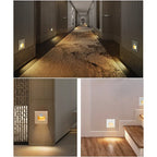 Hardwired recessed LED stair night light installed flush in staircase wall glowing soft warm white showing PIR motion activation at night