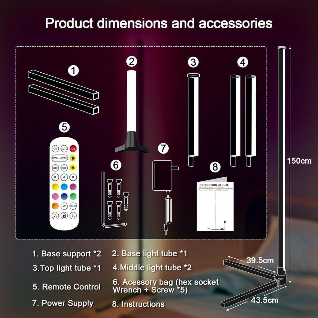 LED corner floor lamp remote control and adjustable dimmer features displayed on a white surface
