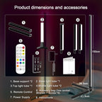 LED corner floor lamp remote control and adjustable dimmer features displayed on a white surface
