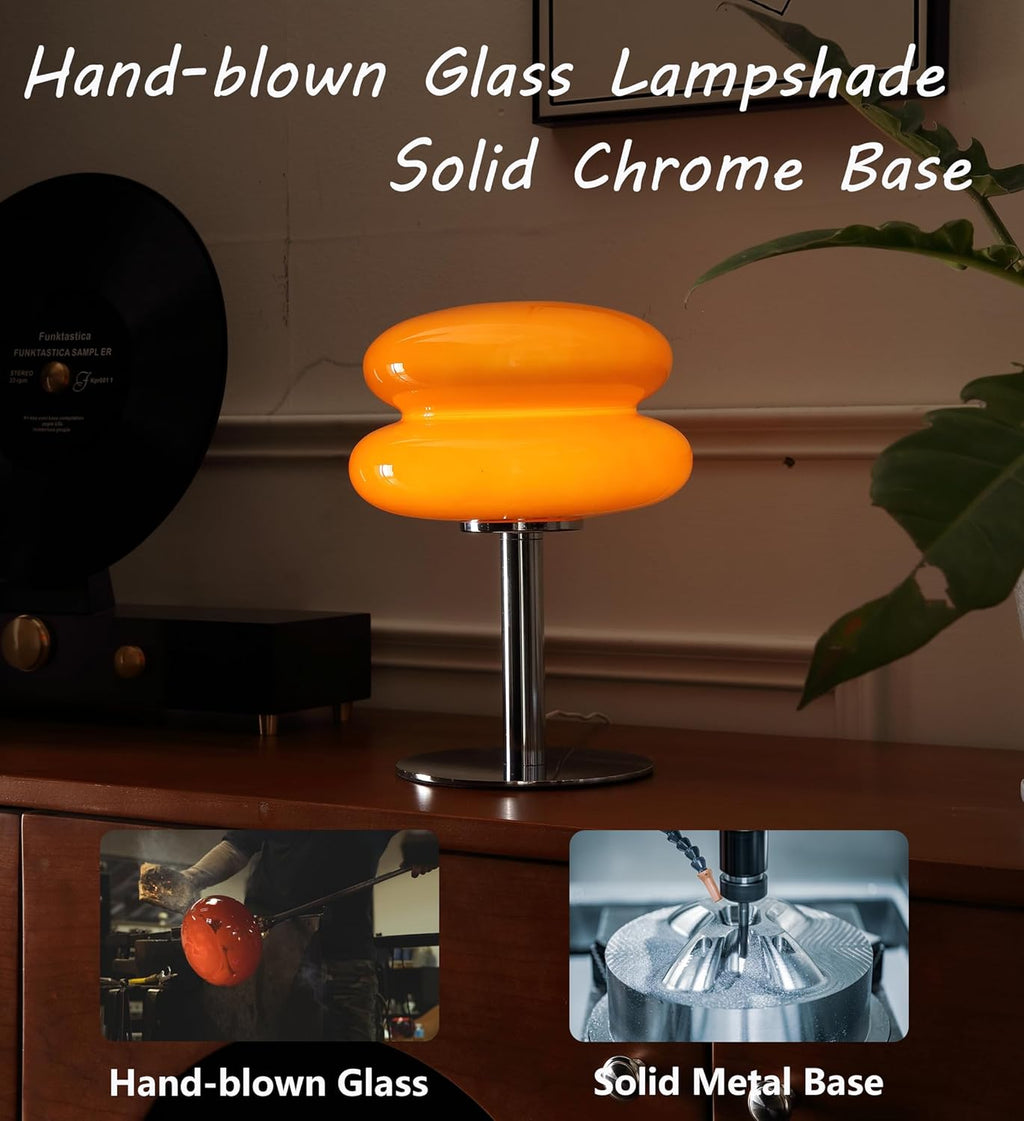 Macaron glass bedside table lamp glowing warm white 3000K on nightstand beside bed in aesthetic girl bedroom decor