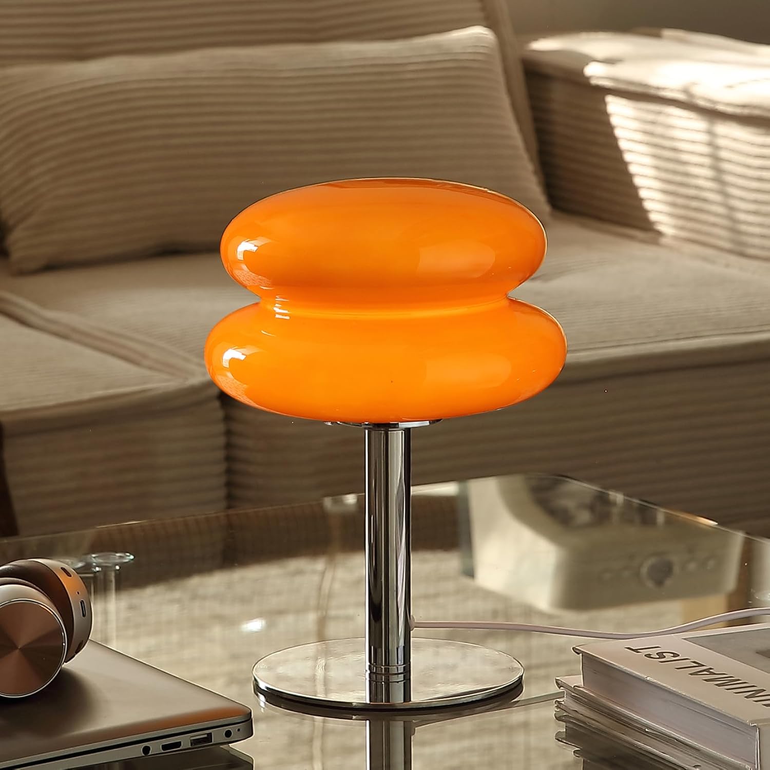 Macaron glass table lamp showing three trichromatic dimming modes warm white neutral white and cool white side by side
