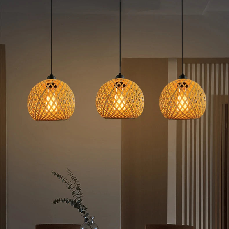Natural bamboo ceiling lamp in modern kitchen