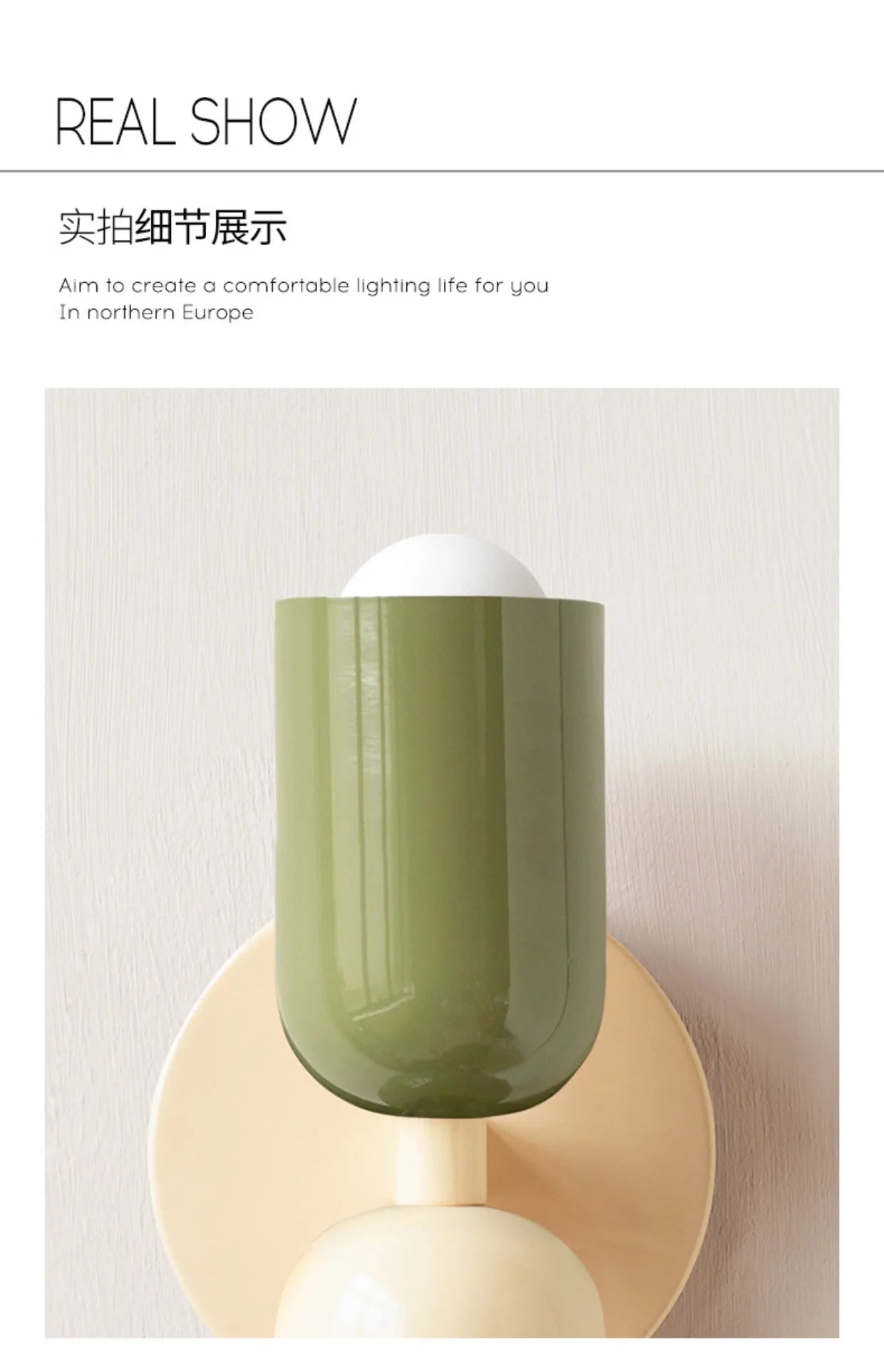 Nordic macaron led wall sconce collection showing pastel pink cream sage green and sky blue colorway options on neutral background