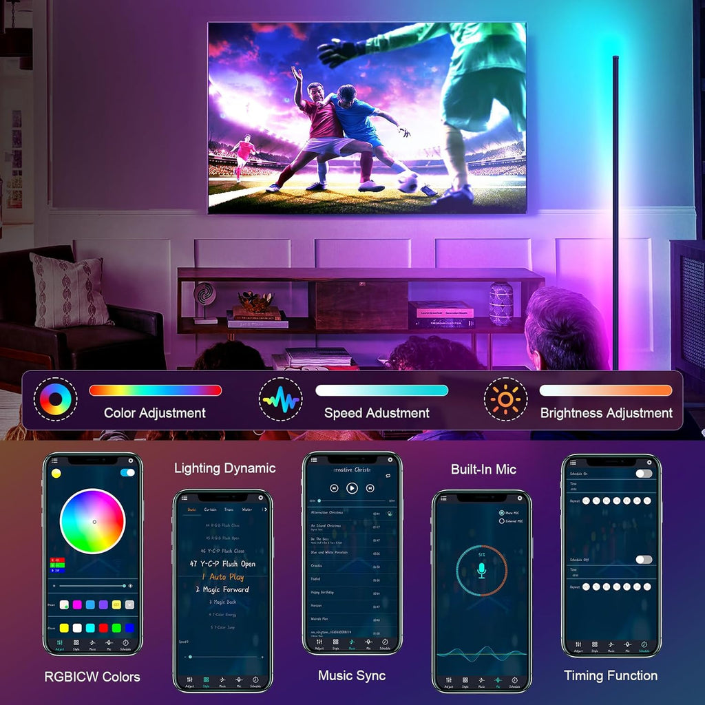RGB corner floor lamp with app control showing RGBICW colors, music sync, and timing function in a purple-lit living room TV setup