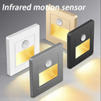Recessed PIR motion sensor stair light compact hardwired LED unit showing flush mount housing and motion detector lens on white background