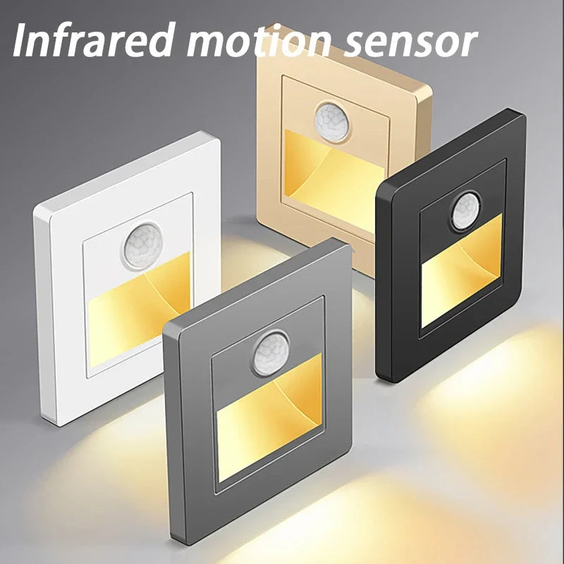 Recessed PIR motion sensor stair light compact hardwired LED unit showing flush mount housing and motion detector lens on white background