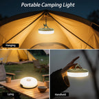 Retractable LED camping reel string light hanging from tent ceiling providing warm white overhead glow inside camping tent at night