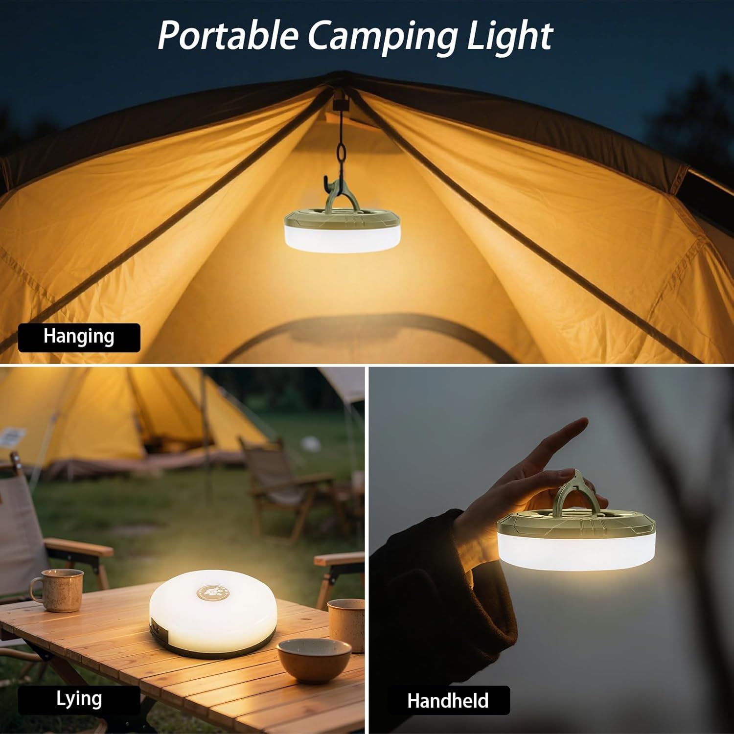 Retractable LED camping reel string light hanging from tent ceiling providing warm white overhead glow inside camping tent at night