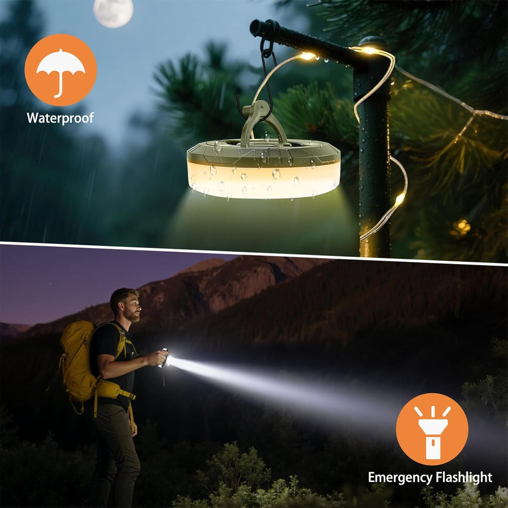 Retractable LED camping reel string light hanging from tent ceiling providing warm white overhead glow inside camping tent at night