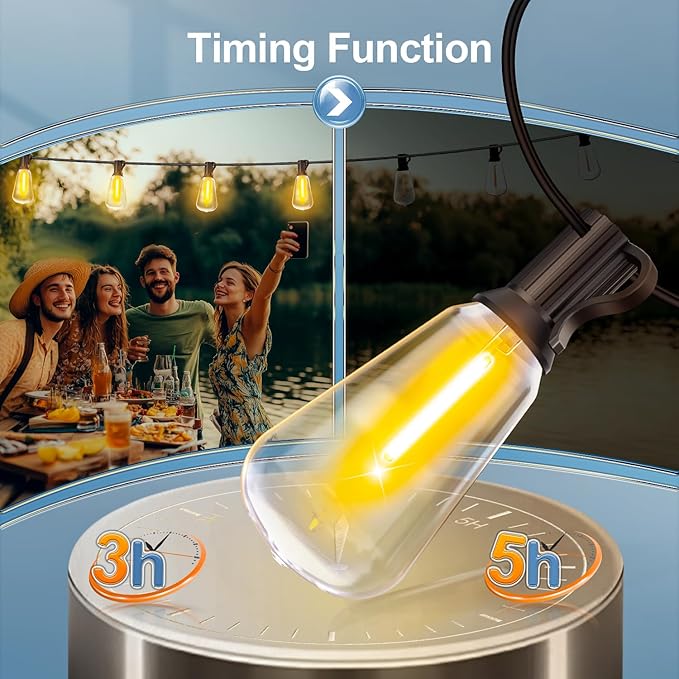 
Retro solar bulb string lights hanging at campsite tent showing warm 3000K glow in outdoor camping setting