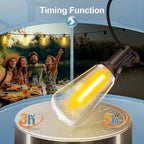 
Retro solar bulb string lights hanging at campsite tent showing warm 3000K glow in outdoor camping setting