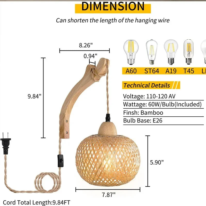 Noor Rattan Woven Wall Lamp - Boho Hemp Rope Sconce