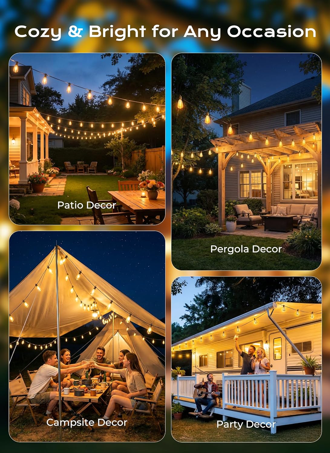 Solar powered retro bulb string lights outdoor decorating backyard garden party with bistro ambiance lighting