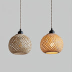 Woven bamboo lamp shade with warm lighting